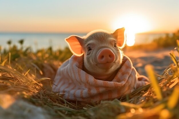 Foto un cerdo en una bufanda en la playa.