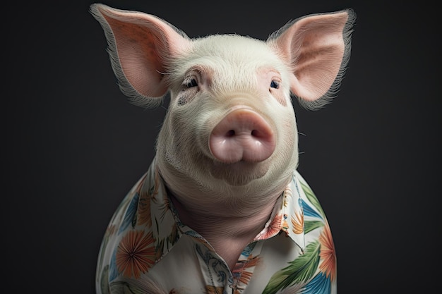 Cerdo con una camiseta con estampado de flores al estilo de los retratos fotorrealistas simbolismo tropical con un fondo oscuro IA generativa