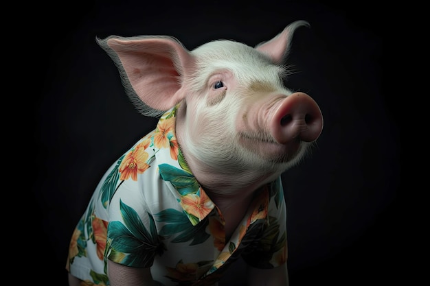 Cerdo con una camiseta con estampado de flores al estilo de los retratos fotorrealistas simbolismo tropical con un fondo oscuro IA generativa