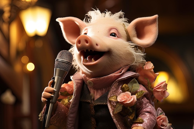 Un cerdo cantando en la ópera ilustración generativa ai