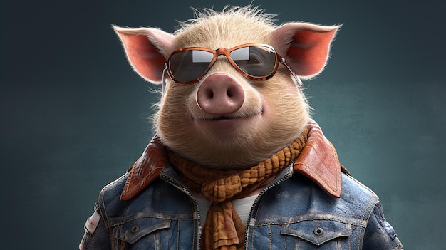 cerdo de carácter animal fresco en chaqueta de cuero