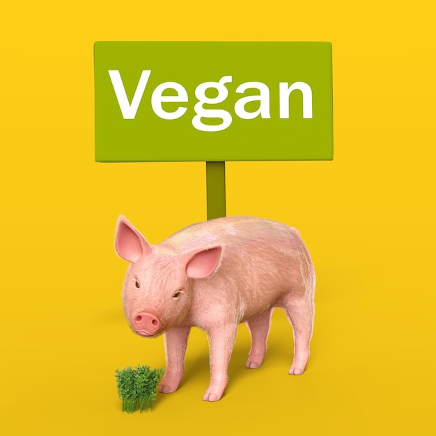 Cerdo y cartel con texto vegano, fondo amarillo. Ilustración 3D