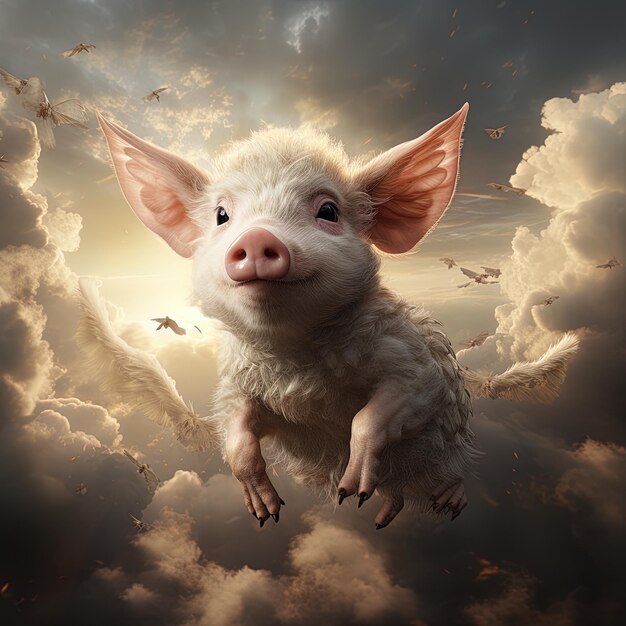 Foto un cerdo con un cerdo en la cabeza está volando en el cielo