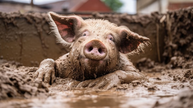 Un cerdo contento disfrutando de una tarde perezosa en un baño de barro rústico