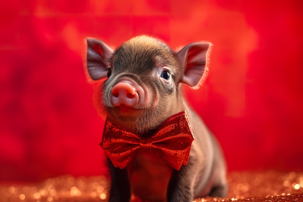 Un cerdo con corbata de moño se sienta sobre un fondo rojo.