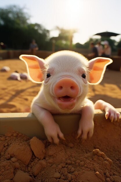 Foto un cerdo en un corral con las palabras cerdo en la parte superior