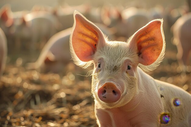 Un cerdo curioso en una granja al atardecer