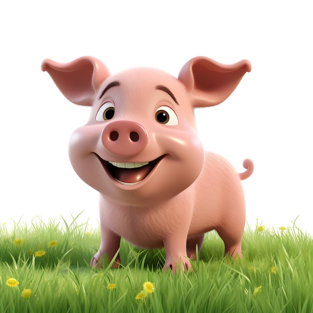 El cerdo de dibujos animados en 3D en la hierba aislado en blanco