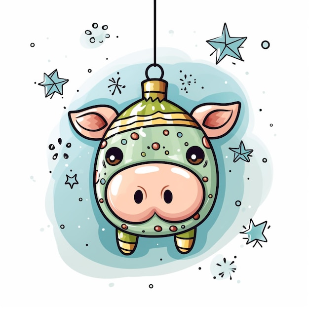 cerdo de dibujos animados con un sombrero de navidad colgando de una cuerda ai generativo