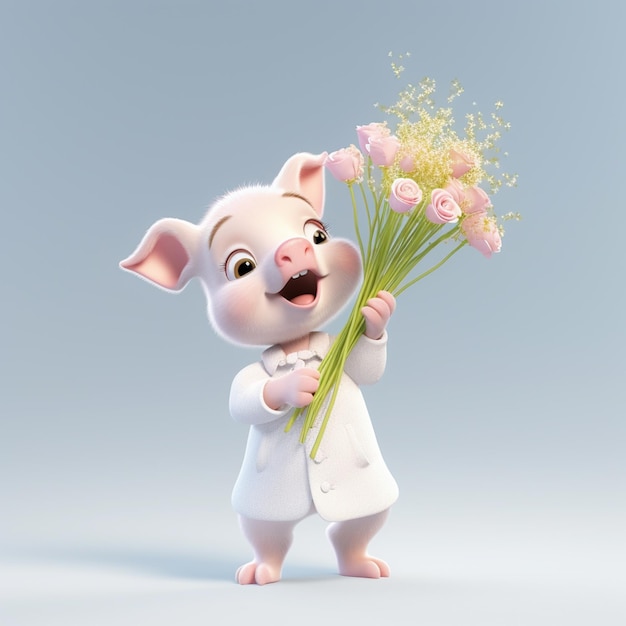 Cerdo de dibujos animados sosteniendo un ramo de flores en un abrigo blanco generativo ai