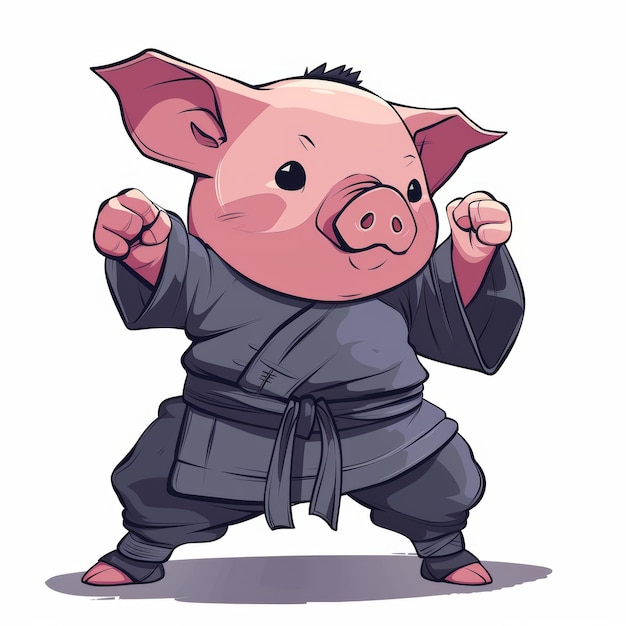 Un cerdo de dibujos animados con un uniforme de artes marciales y una postura de lucha
