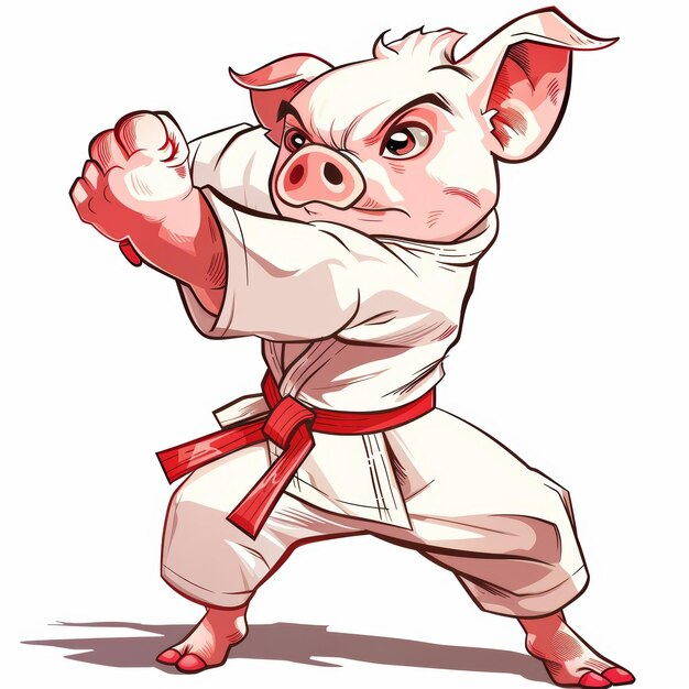 Un cerdo de dibujos animados en un uniforme de karate blanco con un cinturón rojo en una postura de lucha