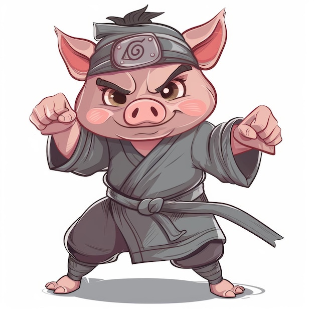 Un cerdo de dibujos animados con un uniforme de karate negro y una cinta para la cabeza haciendo una postura de lucha