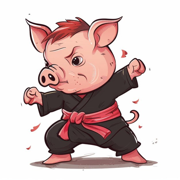 Un cerdo de dibujos animados con un uniforme de karate negro con un cinturón rojo en una postura de lucha