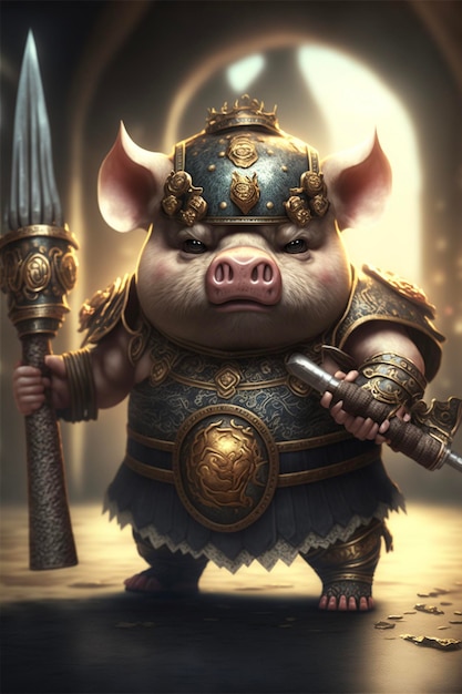 Cerdo de dibujos animados vestido con armadura sosteniendo una espada generativa ai