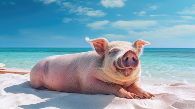 Cerdo divertido descansando en la playa vista al mar océano Descanso turismo disfrute vacaciones AI generativa