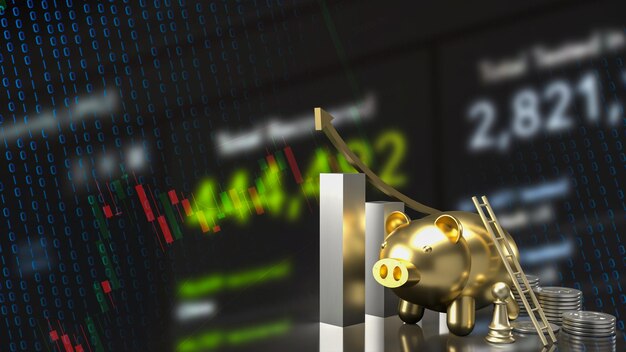 El cerdo dorado y las monedas en la representación 3d de los antecedentes comerciales