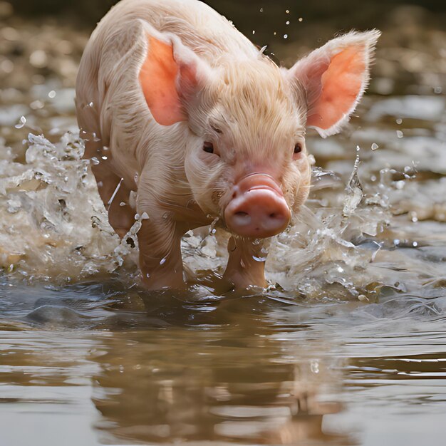 un cerdo está corriendo a través del agua y está corriendo en el agua