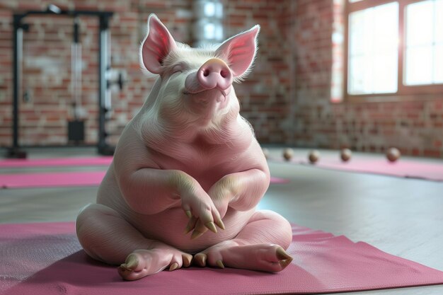 Un cerdo está sentado en una alfombra y parece estar meditando Cerdo gracioso haciendo posturas de yoga Asana