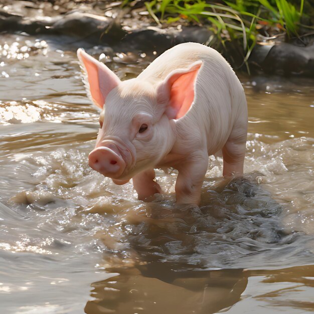 un cerdo en un estanque con agua y hierba en el fondo