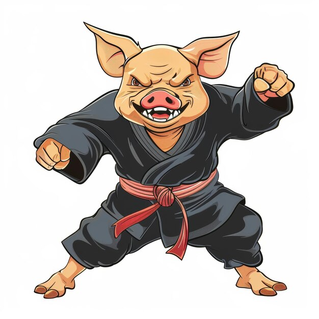 Un cerdo feroz en un uniforme de karate negro con un cinturón rojo haciendo una postura de lucha con una expresión determinada