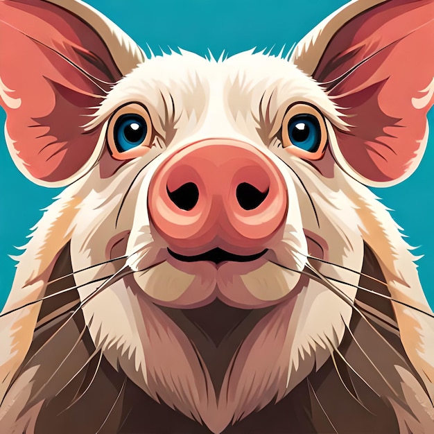 Un cerdo de fondo azul y nariz rosa.
