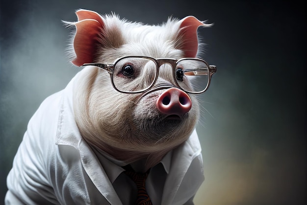 Cerdo con gafas y corbata con camisa blanca.