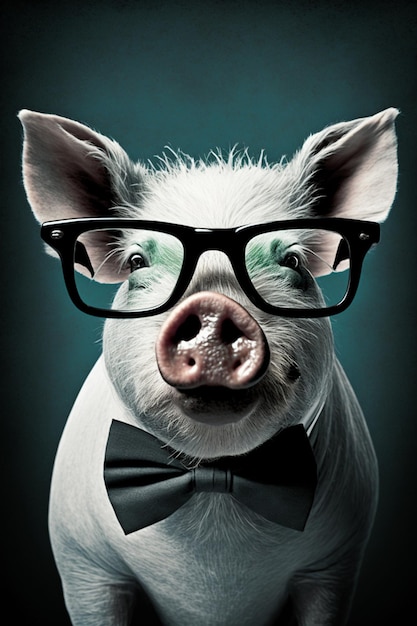 Foto un cerdo con gafas y pajarita.