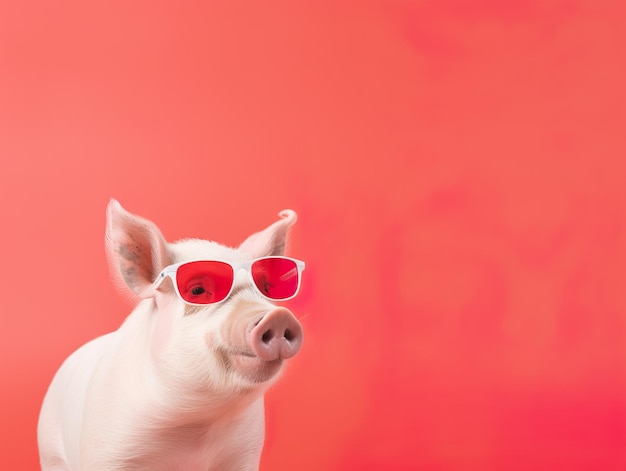 Cerdo con gafas rosas sobre fondo rosa