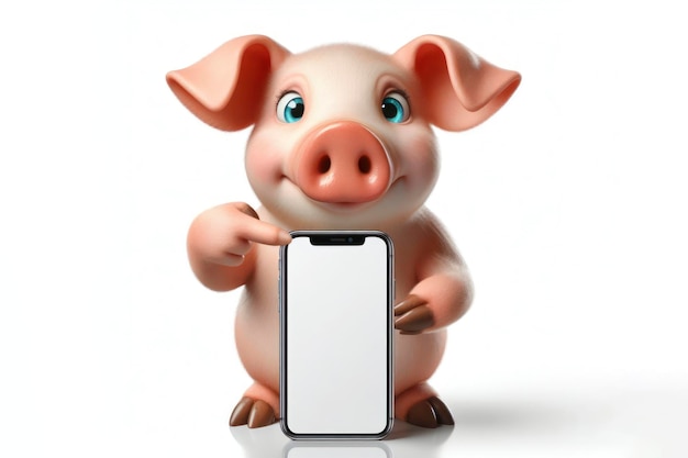 cerdo gracioso señalando en el teléfono inteligente con pantalla blanca sobre fondo blanco