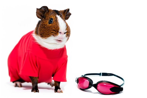 Cerdo de Guinea con camiseta de polo en una composición deportiva junto a gafas de buceo y un fondo blanco