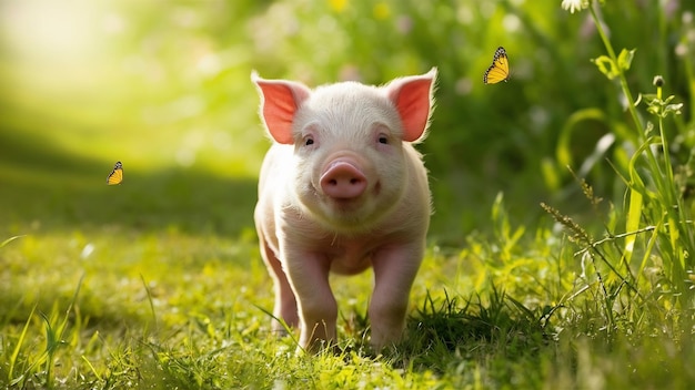 El cerdo joven está de pie en la hierba verde el cerdo feliz en el prado mirando a la cámara