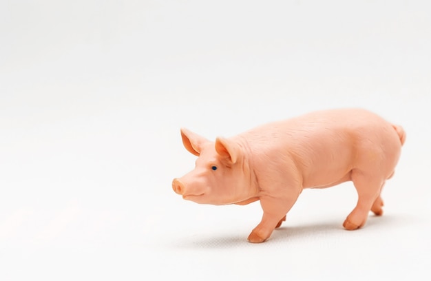 Cerdo de juguete de plástico realista aislado en superficie blanca