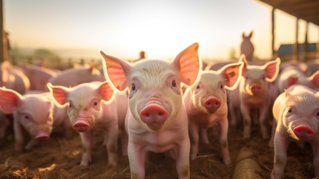 Foto el cerdo y los lechones ecológicos en la granja doméstica los cerdos en la fábrica