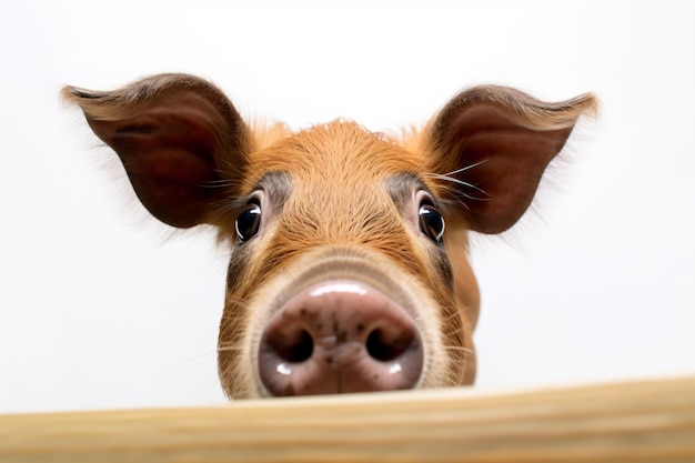 un cerdo marrón y blanco mirando a través de una valla de madera