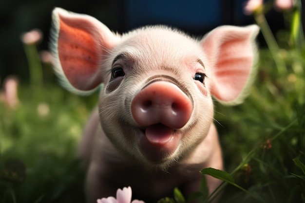 Un cerdo con nariz rosa está en un campo de flores.