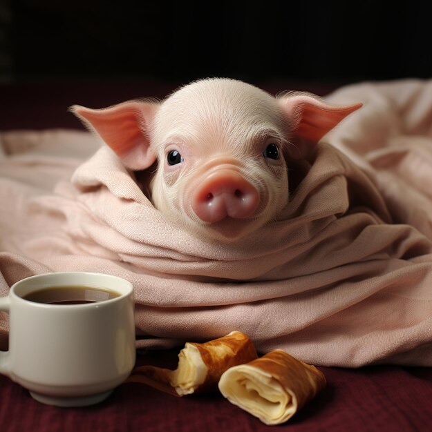 un cerdo con nariz rosada está envuelto en una manta con una taza de café.