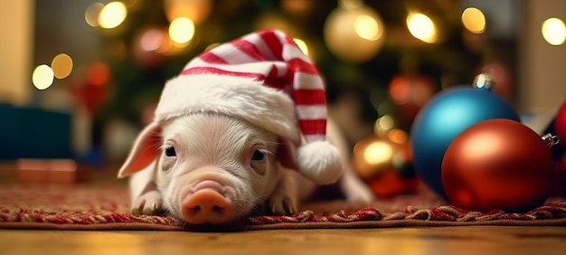 Cerdo de Papá Noel junto al árbol de Navidad