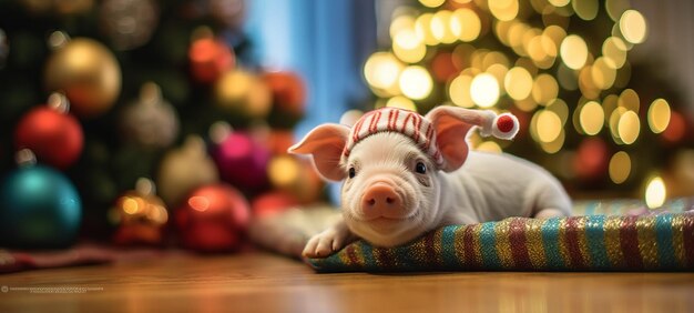 Cerdo de Papá Noel junto al árbol de Navidad