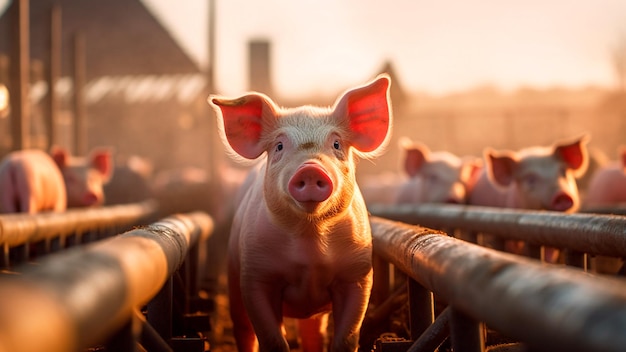 Cerdo pequeño curioso Cerdo en el interior de la granja Crianza de ganado porcino IA generativa