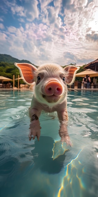 un cerdo en una piscina con una botella de agua dentro