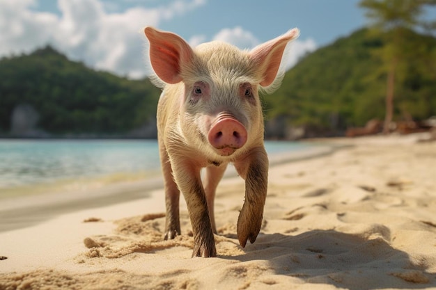 un cerdo en una playa con el océano al fondo