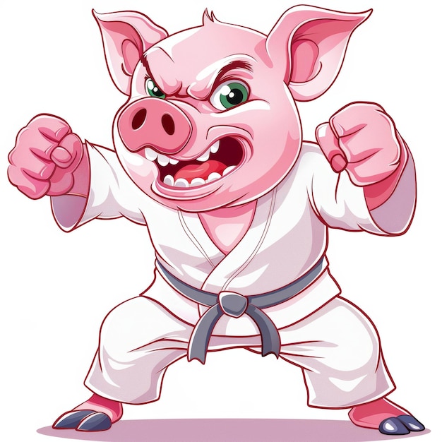 Un cerdo rosa con un cinturón negro está en una postura de lucha de karate con una expresión feroz en su cara