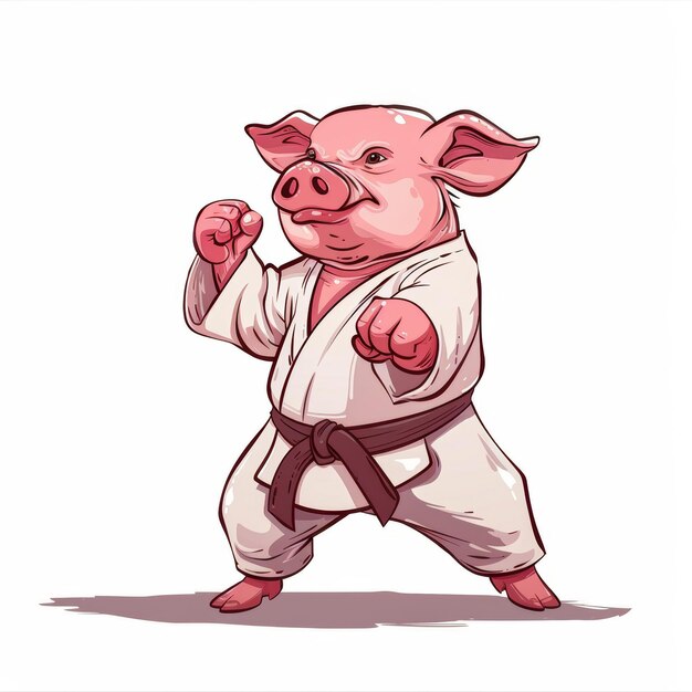 Un cerdo rosa con un uniforme blanco de karate con un cinturón negro se encuentra en una postura de lucha con los puños cerrados