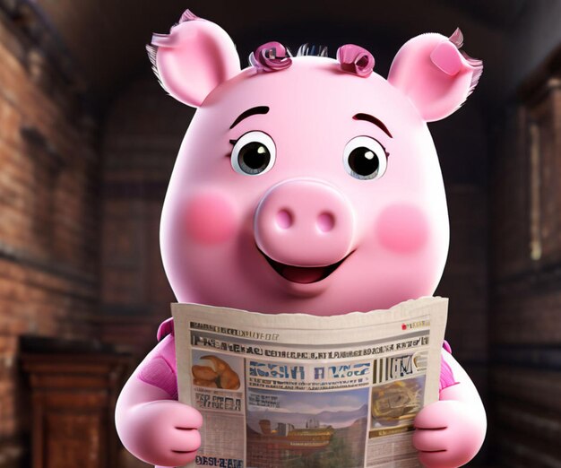 El cerdo rosado lee un periódico y sonríe.
