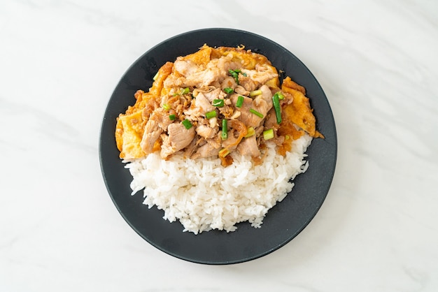 cerdo salteado con ajo y huevo cubierto con arroz - estilo de comida asiática