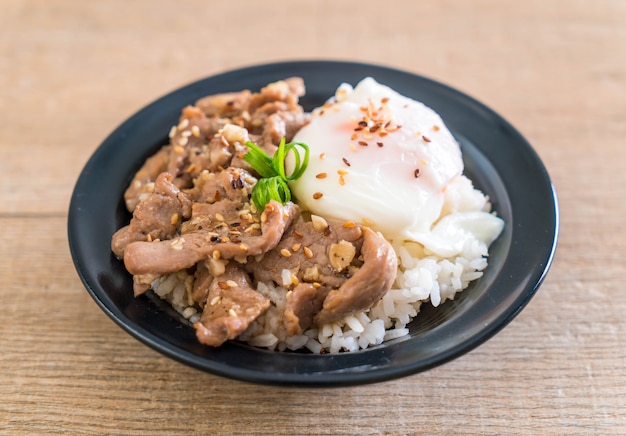 cerdo salteado con ajo sobre arroz con huevo