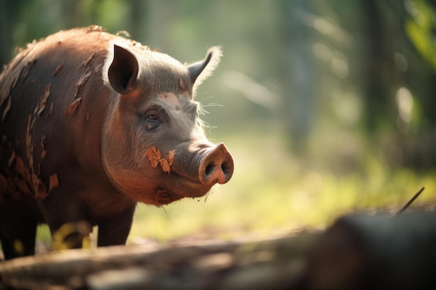 Cerdo salvaje con hocico sucio a la luz del sol