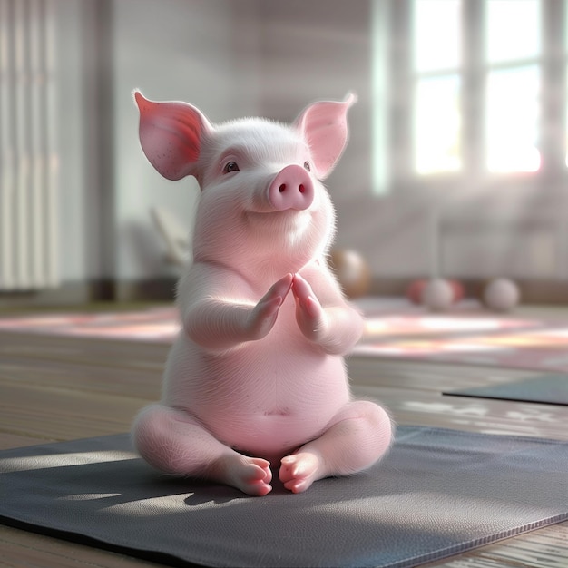 Foto un cerdo está sentado en una alfombra y parece estar meditando cerdo gracioso haciendo posturas de yoga asana