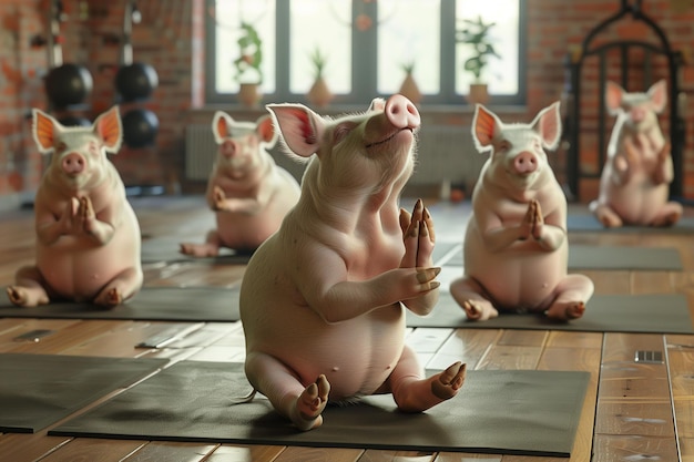 Foto un cerdo está sentado en una alfombra y parece estar meditando cerdo gracioso haciendo posturas de yoga asana